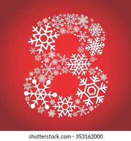 Number 8 made from frosty snowflakes with red background, vector font