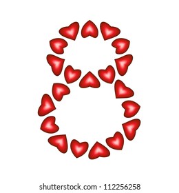 Number 8 made of hearts on white background