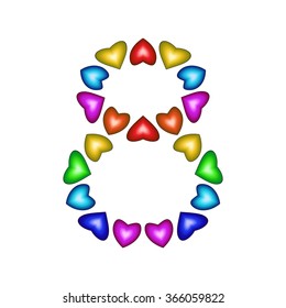 Number 8 made of multicolored hearts on white background