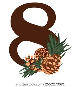 number 8 with new year design, namely different pine cones and pine branches for christmas and new year designs