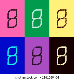 Number 8, numeral, eighth. Pop art style. Scratched icons on 6 colour backgrounds. Seamless pattern