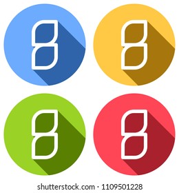 Number 8, numeral, eighth. Set of white icons with long shadow on blue, orange, green and red colored circles. Sticker style