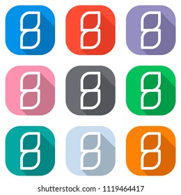 Number 8, numeral, eighth. Set of white icons on colored squares for applications. Seamless and pattern for poster