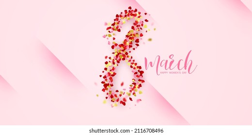 el número 8 en una tarjeta de saludo del vector del corazón de fondo rosa brillante para el 8 de marzo. Cartel del Día Internacional de la Mujer.