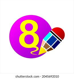 Number 8 with pencil in dots, colorful clipart. Simple, beautiful and cool vector graphic resource