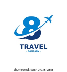 number 8 with plane and airline logo vector template. Suitable for travel label, tourism, journey posters, flight company advertising, airways identity, and tech transportation