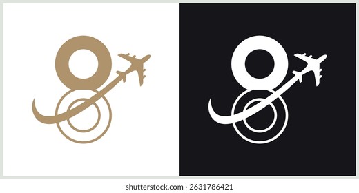 Number 8 Plane Travel Logo Template Design Vector, line Design Concept, Creative Symbol, Icon