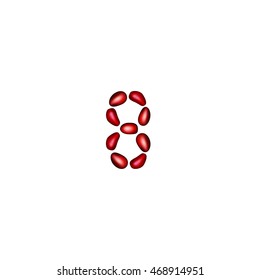 Number 8 with pomegranate seeds on a white background