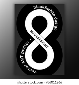 Number 8 poster. Infinity symbol designed for cover magazine, printing products, flyer, presentation, brochure or booklet. Black and white vector illustration.