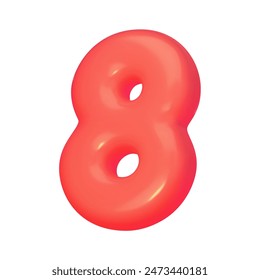 Number 8. Red digit eight in 3d style. Realistic design in cartoon balloon style, elements isolated on white background. Vector illustration