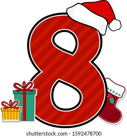 number 8 with red santa's hat and christmas design elements isolated on white background. can be used for holiday season card, nursery decoration or christmas paty invitation