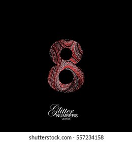 Number 8 of red and silver glitters. Typographic vector element for design. Part of curl textured alphabet with shiny paillettes. Digit eight with diffusion glitter swirly pattern. Vector illustration