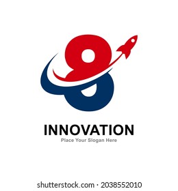 Número 8 con diseño vectorial del logotipo del cohete. Icono de aplicación, tecnología, educación, identidad corporativa, inicial, tarjeta, afiches y etiquetas.