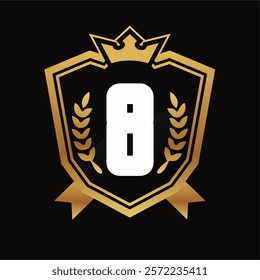 Number 8 Shield Logo with Golden Crown, Laurel Wreaths, and Black Background Premium Award Design Concept