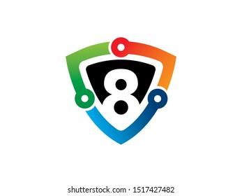 Number 8 shield technology logo or symbol template design