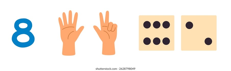 Number 8 shown with eight fingers and two dice for numeric education