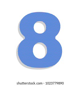 Number 8 sign design template element. Vector. Neon blue icon with cyclamen polka dots pattern with light gray shadow on white background. Isolated.
