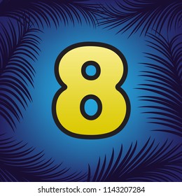 Number 8 sign design template element. Vector. Golden icon with black contour at blue background with branches of palm trees.