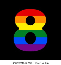 Number 8 sign design template element. Vector. Icon with colors of LGBT flag at black background.
