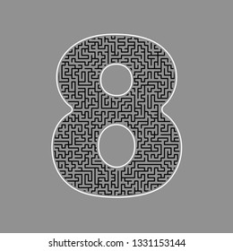 Number 8 sign design template element. Vector. Black maze filled icon with white border at gray background.