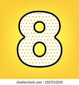 Number 8 sign design template element. Vector. Yellow polka dot white icon with black contour at warm yellow background.