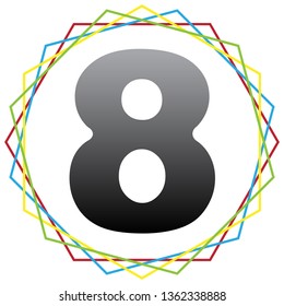 Number 8 sign design template element. Vector. Black icon with patch of light inside colorful hexagonal frames at white background.