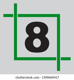Number 8 sign design template element. Black icon inside green crop tool at light gray background