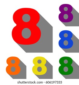 Number 8 sign design template element. Set of red, orange, yellow, green, blue and violet icons at white background with flat shadow.