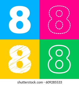 Number 8 sign design template element. Four styles of icon on four color squares.