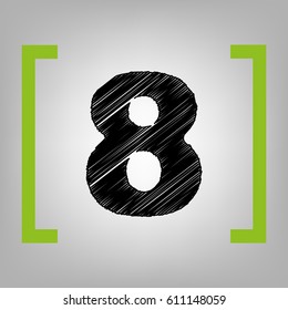 Number 8 sign design template element. Vector. Black scribble icon in citron brackets on grayish background.