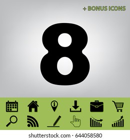 Number 8 sign design template element. Vector. Black icon at gray background with bonus icons 