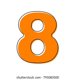 Number 8 sign design template element. Vector. Black line icon with shifted flat orange filled icon on white background. Isolated.