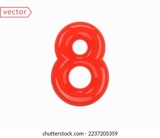 Firma del número 8. Glossy 3D de plástico rojo realista Número Ocho aislado en el fondo blanco. Cumpleaños, Aniversario, Fiesta, Navidad, Navidad, Año Nuevo, Concepto de Venta de Vacaciones. 3.ª ilustración vectorial