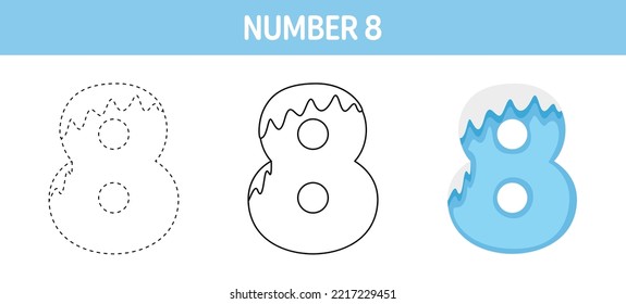 Number 8 Snow tracing and coloring worksheet for kids
