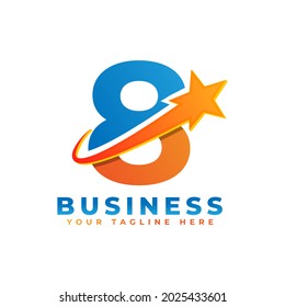 Number 8 with Star Swoosh Logo Design. Suitable for Start up, Logistic, Business Logo Template