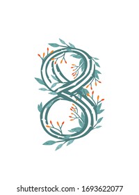 Número 8 ramas de árbol de estilo con hojas y bayas flores botánicas elemento de diseño de arte floral ilustración vectorial plana