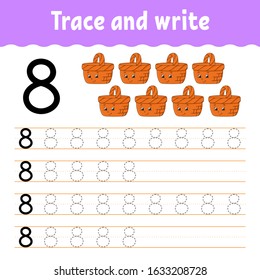 Number 8. Trace and write. Handwriting practice. Learning numbers for kids. Education developing worksheet. Color activity page. Isolated vector illustration in cute cartoon style.