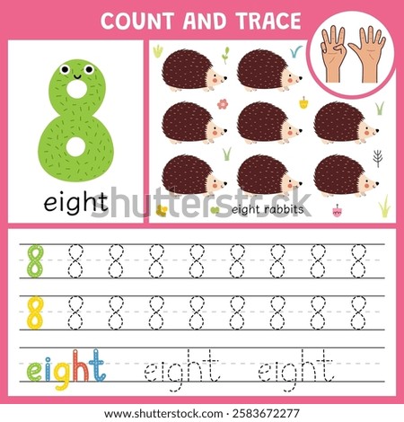 Number 8 tracing worksheet for kids. Learning numbers activity page for pre-school. Count and trace number eight template with cute hedgehogs. Vector illustration