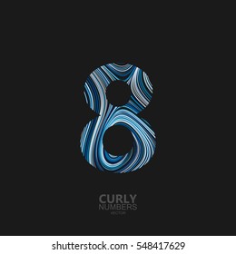 Number 8. Typographic vector element for design. Part of curly textured alphabet with marble or acrylic imitation. Digit eight with diffusion lines swirly pattern. Vector illustration