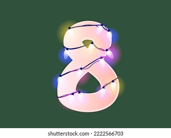 Ilustración vectorial número 8. Dígitos con brillantes luces y bombillas navideñas. Figura de cuenta para la decoración. Conjunto festivo de estilo lúdico. Firma de ocho centinelas