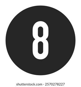 Number 8 in white displayed on a bold black circular background. A timeless and classic design that stands out for versatile graphic design purposes