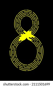 Number 8 from yellow dotted lines isolated on black background. Design element