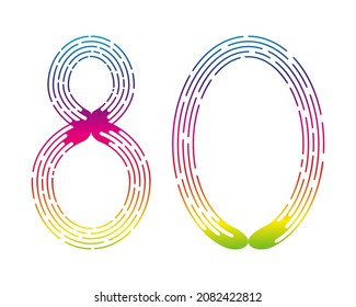 Number 80 from colorful rainbow dotted lines isolated on white background. Design element. Vector illustration