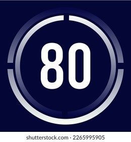 Number 80 design for business, print, books, movies, time-counting, companies in white, blue and blue gradient colors with half circles.
