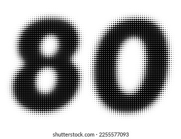 Number 80 Halftone. Pop art style. Design for web banners, wallpaper. Abstract Halftone Dotted Number. Dotted vector illustration isolated on a white background. Hexagon Dot.
