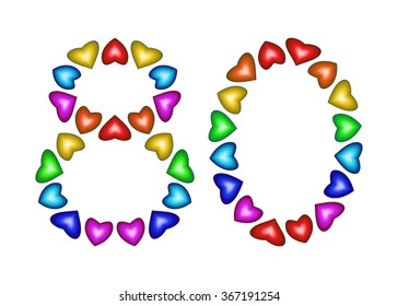 Number 80 made of multicolored hearts on white background