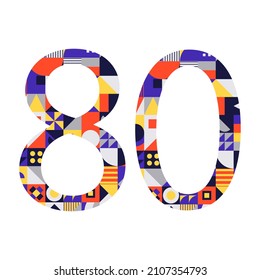 Nummer 80 aus mehrfarbigen geometrischen Formen einzeln auf Weiß. Neo-Geo