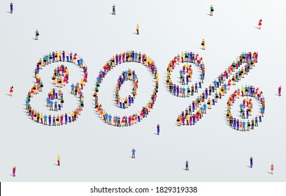 Número 80 Por Ciento. Se forma un gran grupo de personas para crear una forma del 80%. Diseño de venta de ofertas especiales. Ilustración vectorial del cartel publicitario.