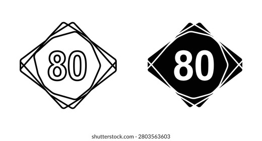 Number 80 in rhombus frame black and white vector icons with geometric minimalist isolated collection branding