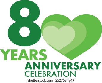 number of 80 years anniversary celebration logo style in green monochrome color with green heart shape, isolated on white background.